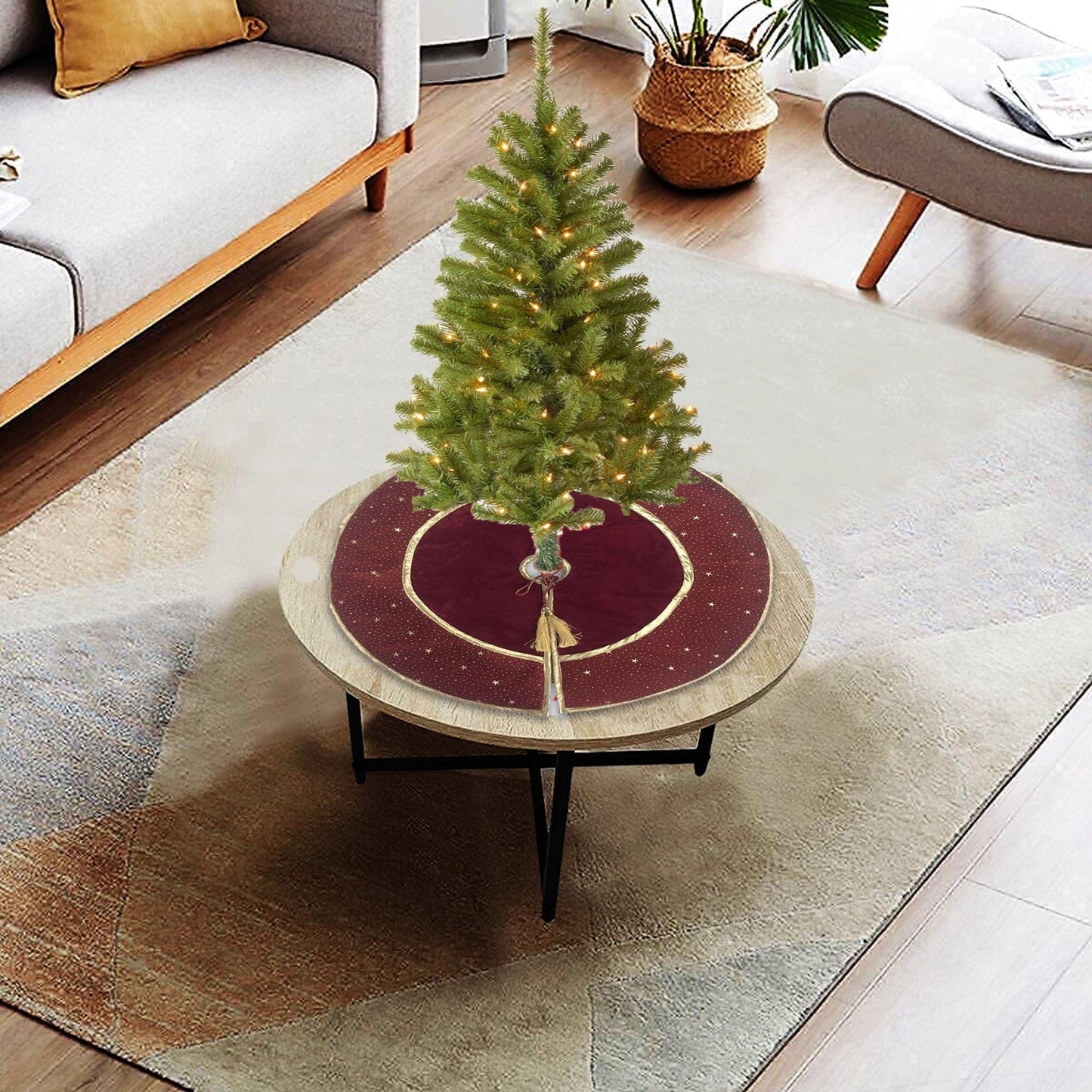 Christmas tree skirt classic micro maroon red Velvet fabric with gold bonded star fabric border Thick Double Layer by HOME HEART Brands