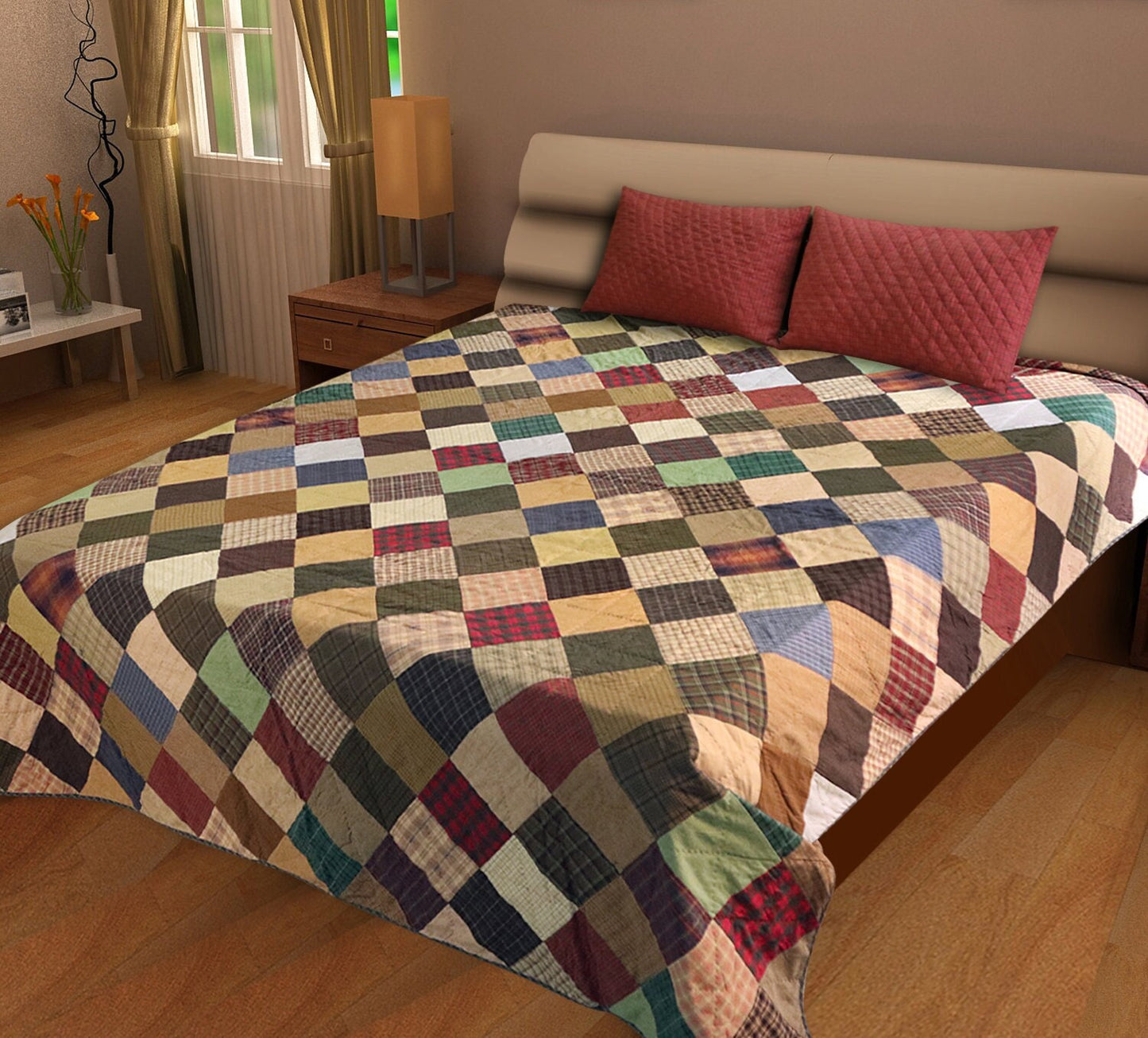 Hand Quilted bedspread Quilt Quilted Square Primitive Country Patchwork Design Mix Plaid Fabric by HOME HEART Brands