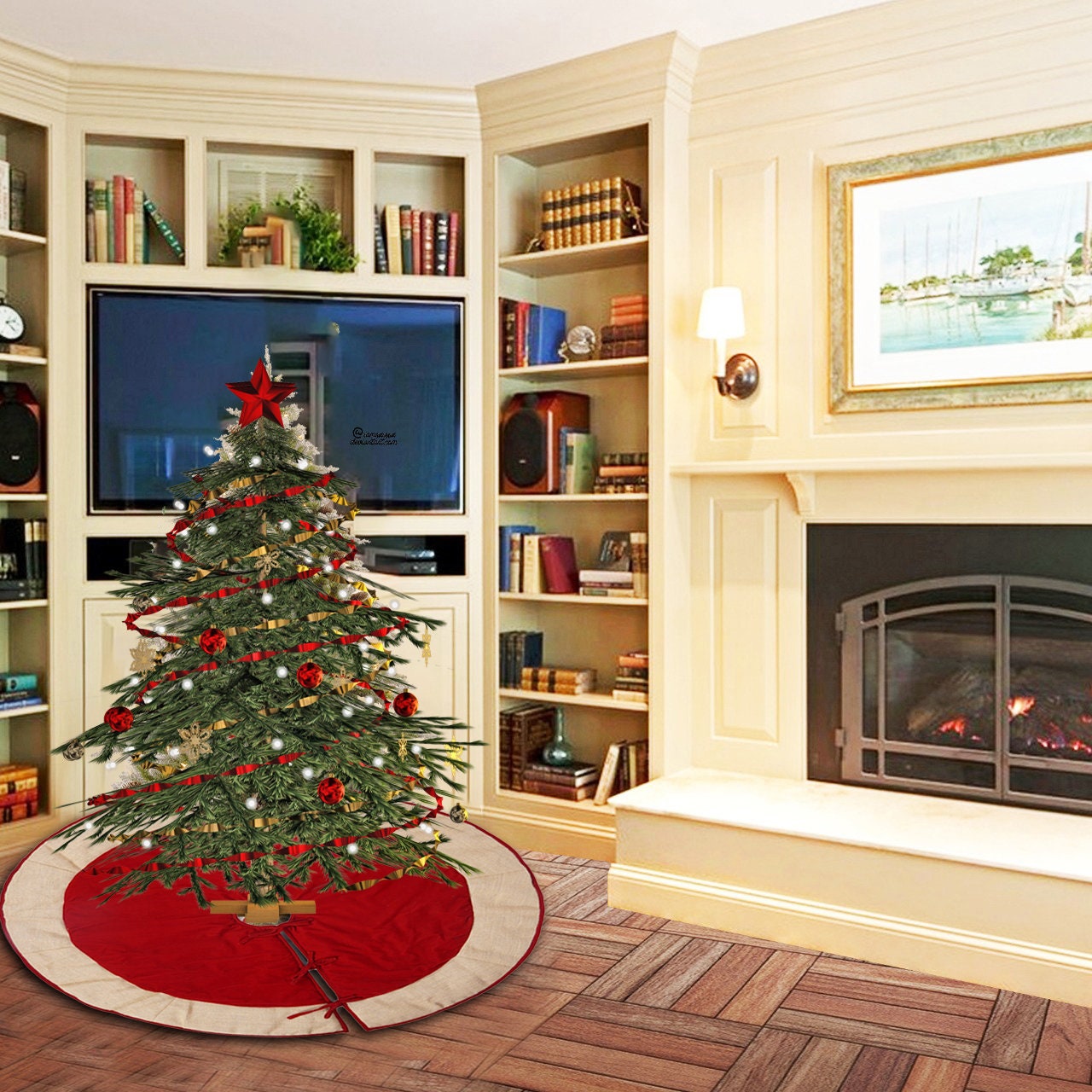 Christmas tree skirt red micro velvet with brown lurex burlap Thick Double Layer Heirloom Quality by HOME HEART Brands(Made in India)