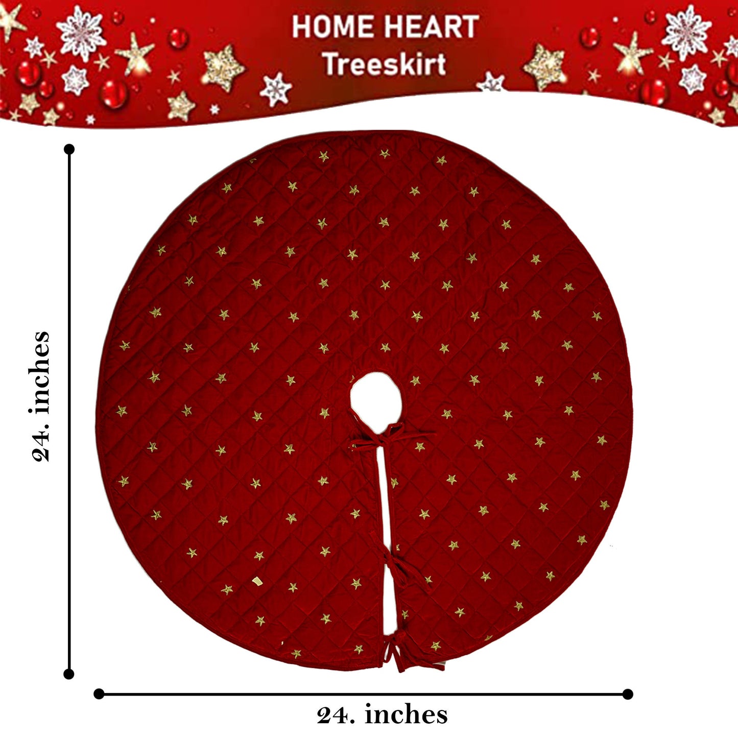 Christmas tree skirt quilted micro dark red Velvet fabric and gold star embroidered on it. Thick Double Layer quilted by HOME HEART Brands