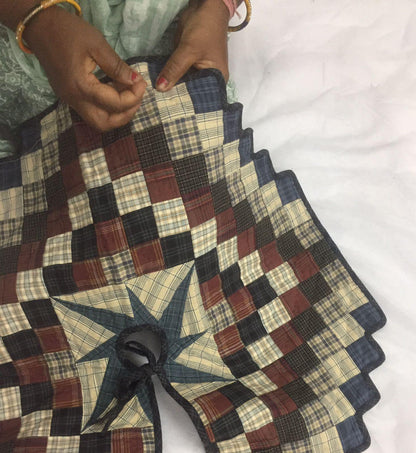 Christmas tree skirt 24" inch hand made hand quilted zigzag border galaxy star plaid Heirloom Quality by HOME HEART Brands( Made in India)