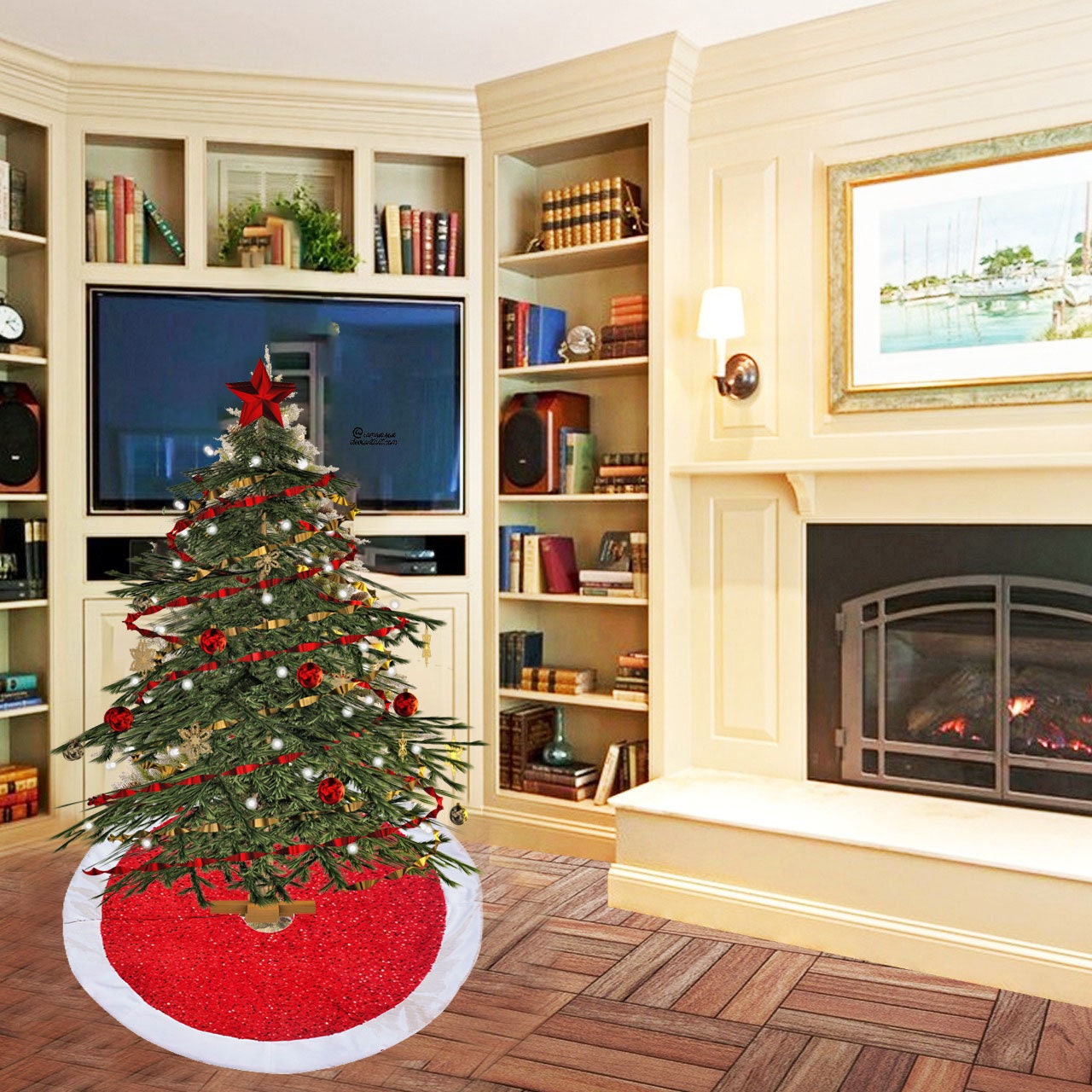 Christmas tree skirt Red Sequin Faux Velvet with White Faux Velvet Fabric Border Thick Double Layer by HOME HEART Brands
