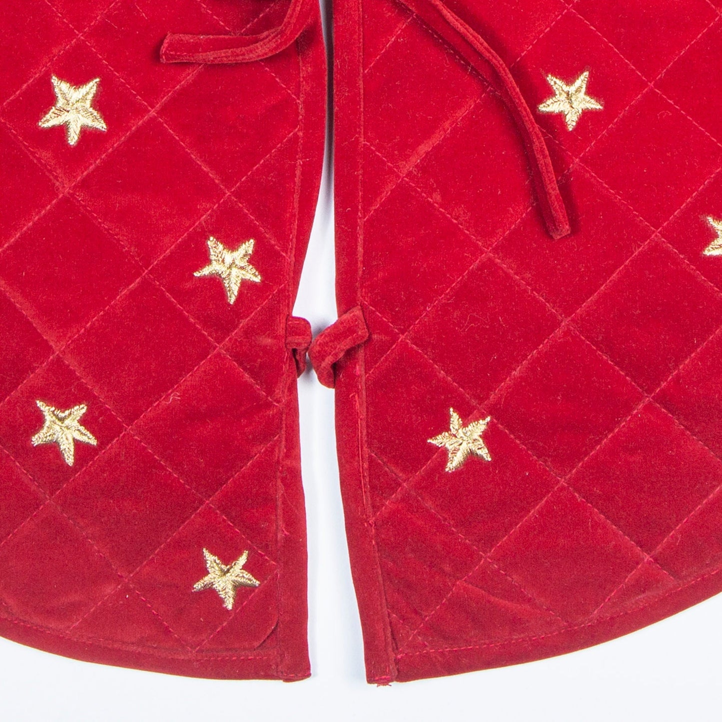 Christmas tree skirt micro red Velvet Quilted fabric and gold star embroidered on it. Thick Double Layer quilted by HOME HEART Brands