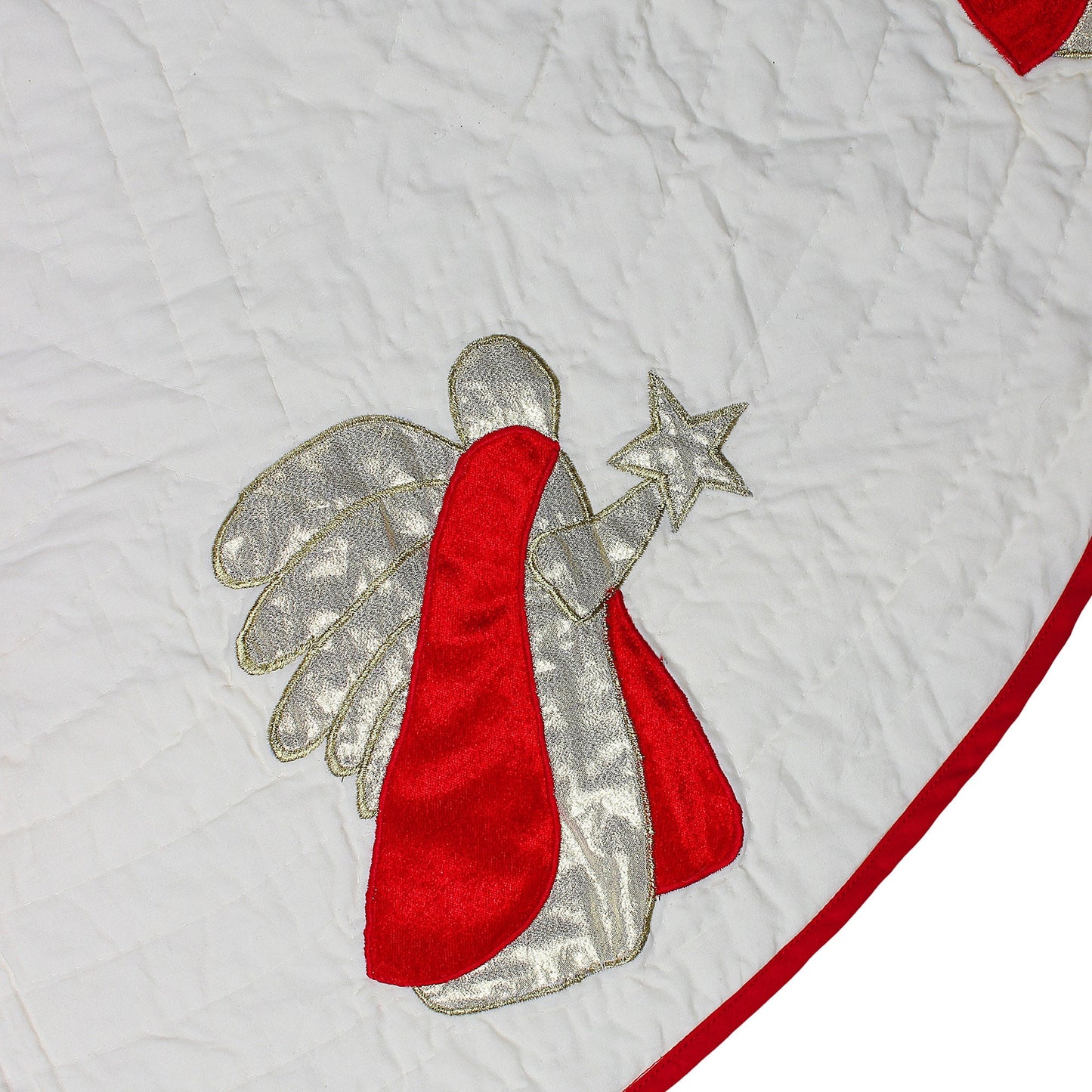 Christmas tree skirt quilted ivory cotton fabric & gold red Angel Applique style  by HOME HEART Brands