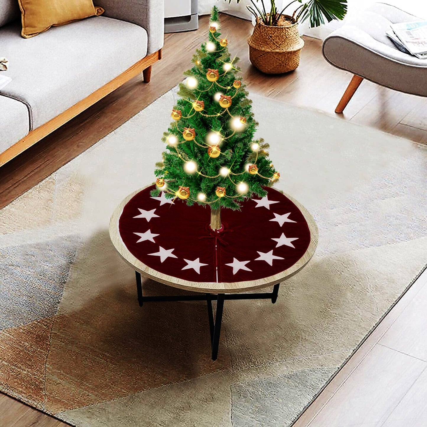 Christmas tree skirt classic micro burgundy Velvet fabric with Star Applique Thick Double Layer by HOME HEART Brands