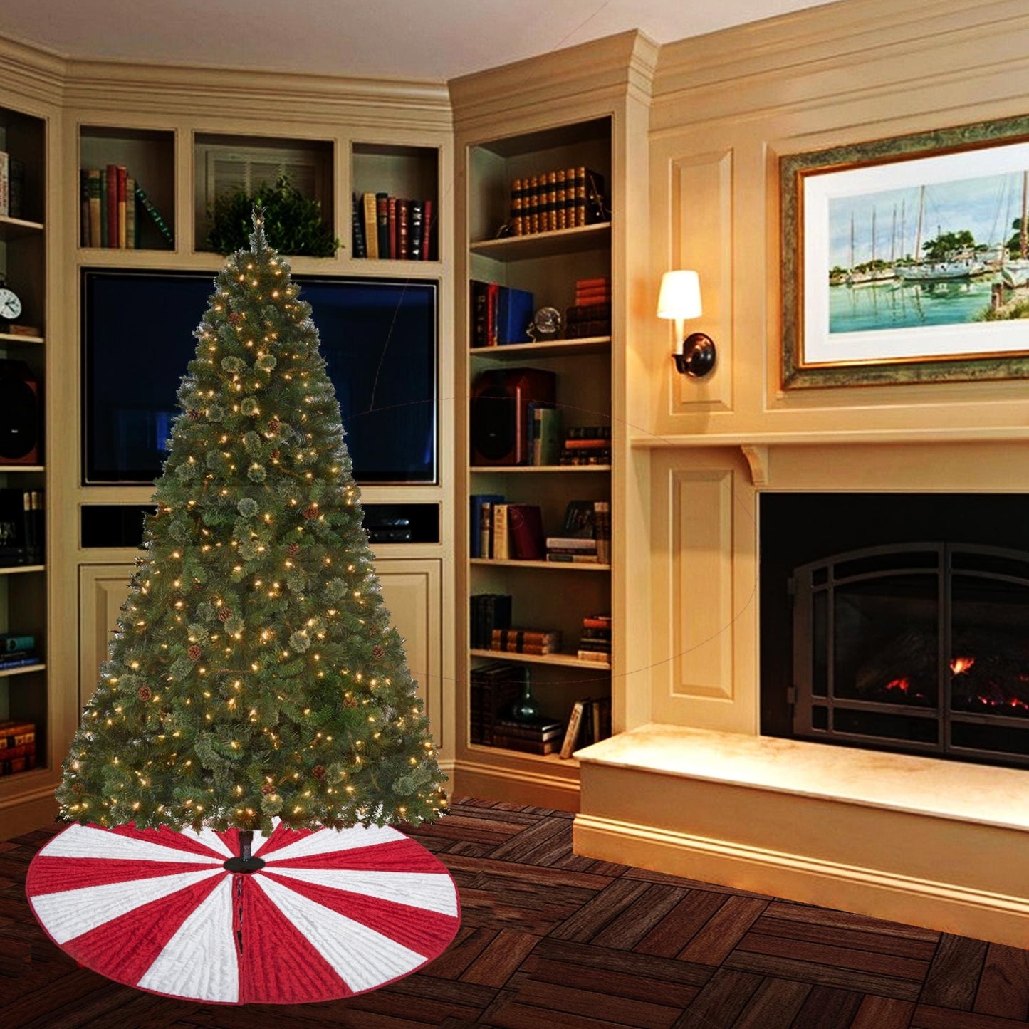 Christmas tree skirt red & white faux silk in shape of triangles and intricate quilting thick Double Layer tree skirt by HOME HEART Brands