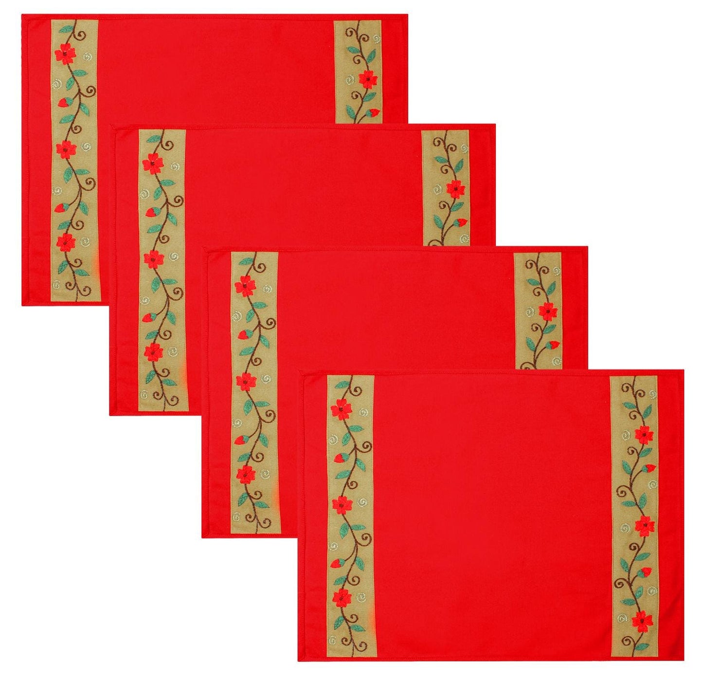 Placemat & Toppers Premium tapestry red duck cotton fabric floral embroidered on beige applique border by Home Heart Brands(Made in India)