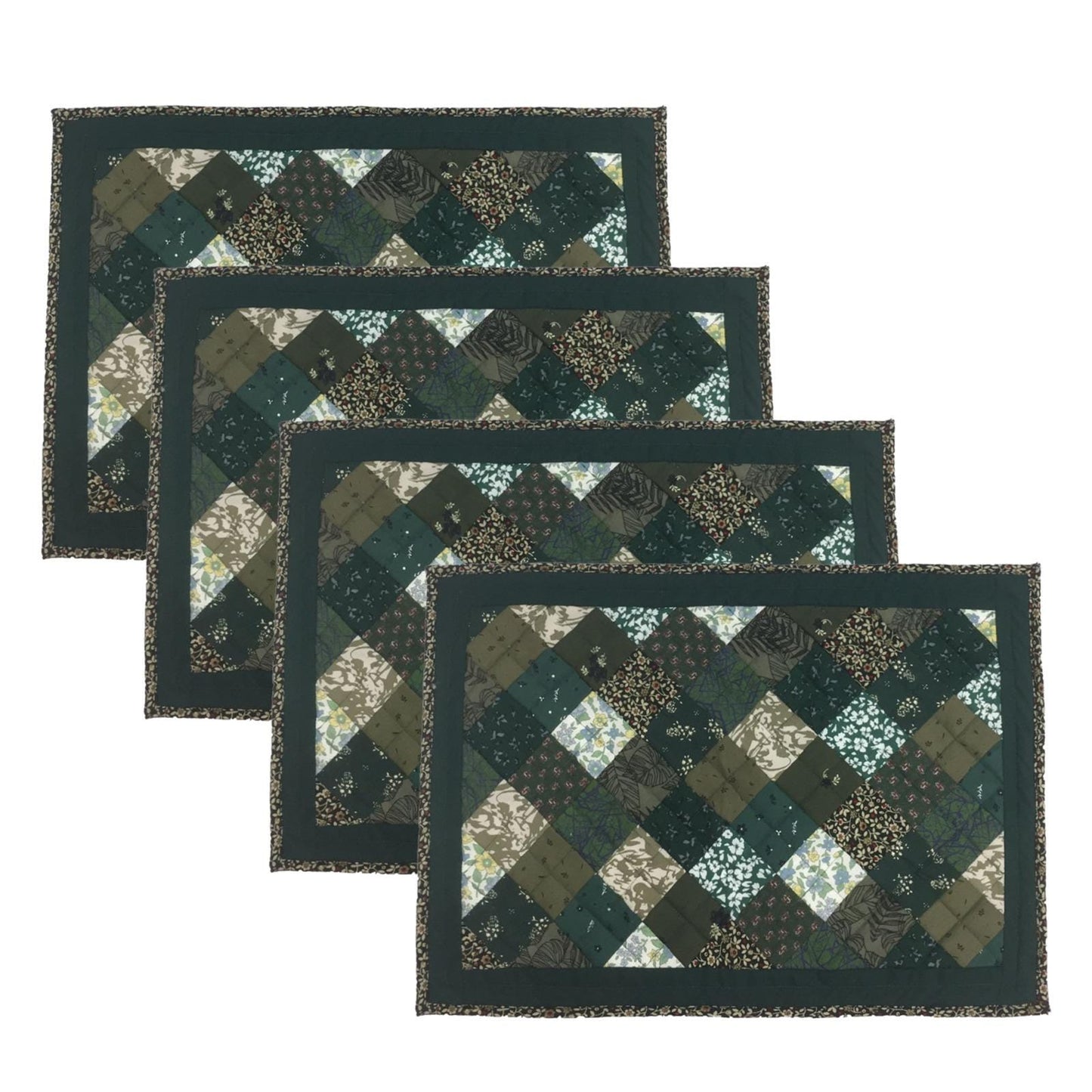 quilted placemats tablemats patchwork Flower Garden, Green white Calico multi floral print  14"X19" by HOME HEART Brands (Made in India)