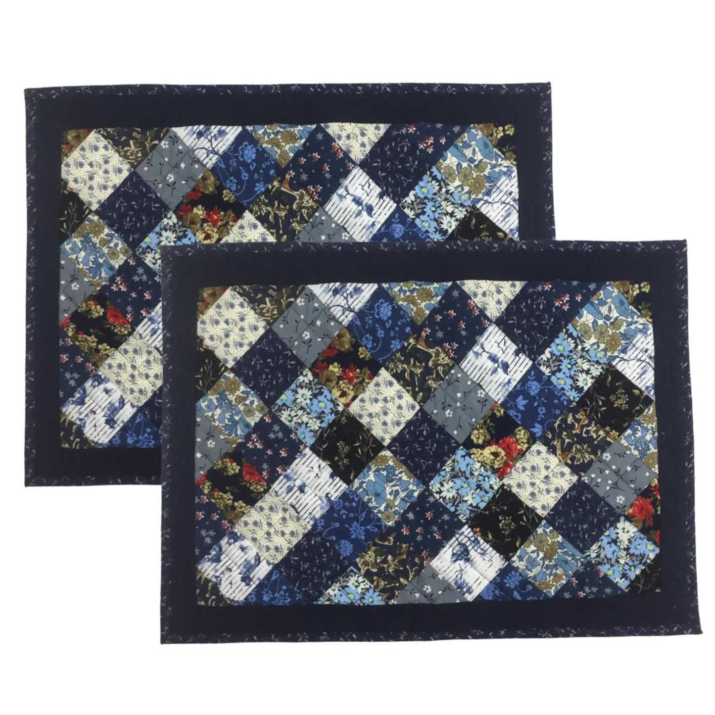 quilted placemats tablemats patchwork Flower Garden, Blue white Calico multi floral print  14"X19" by HOME HEART Brands (Made in India)