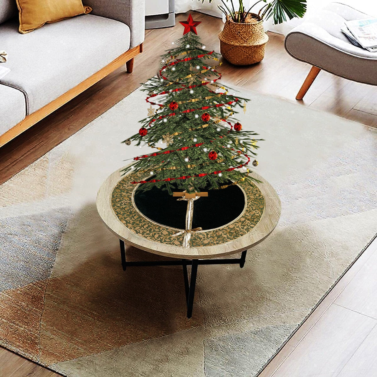 Christmas tree skirt classic micro green Velvet fabric with Brocade Fabric Border Thick Double Layer by HOME HEART Brands
