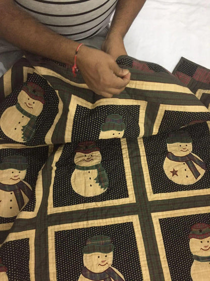 Hand made Throw Quilt, Table Toppers 44"x44" embroidered snowman primitive Hand Quilted Cotton quilt by Home Heart brands (Made in India)