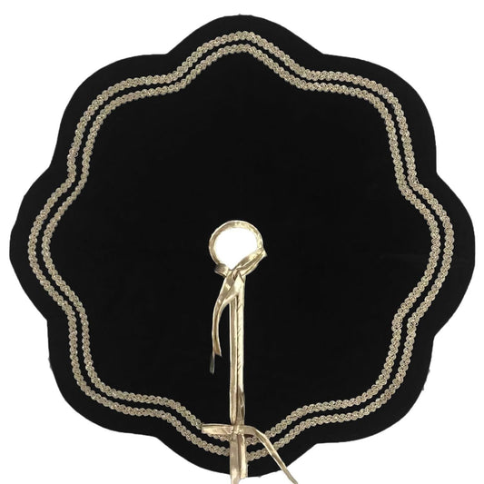 Christmas Tree Skirt Handcrafted Scallop Design black Velvet, Gold Trim Double Layer Heirloom tree skirt by HOME HEART Brands(Made in India)