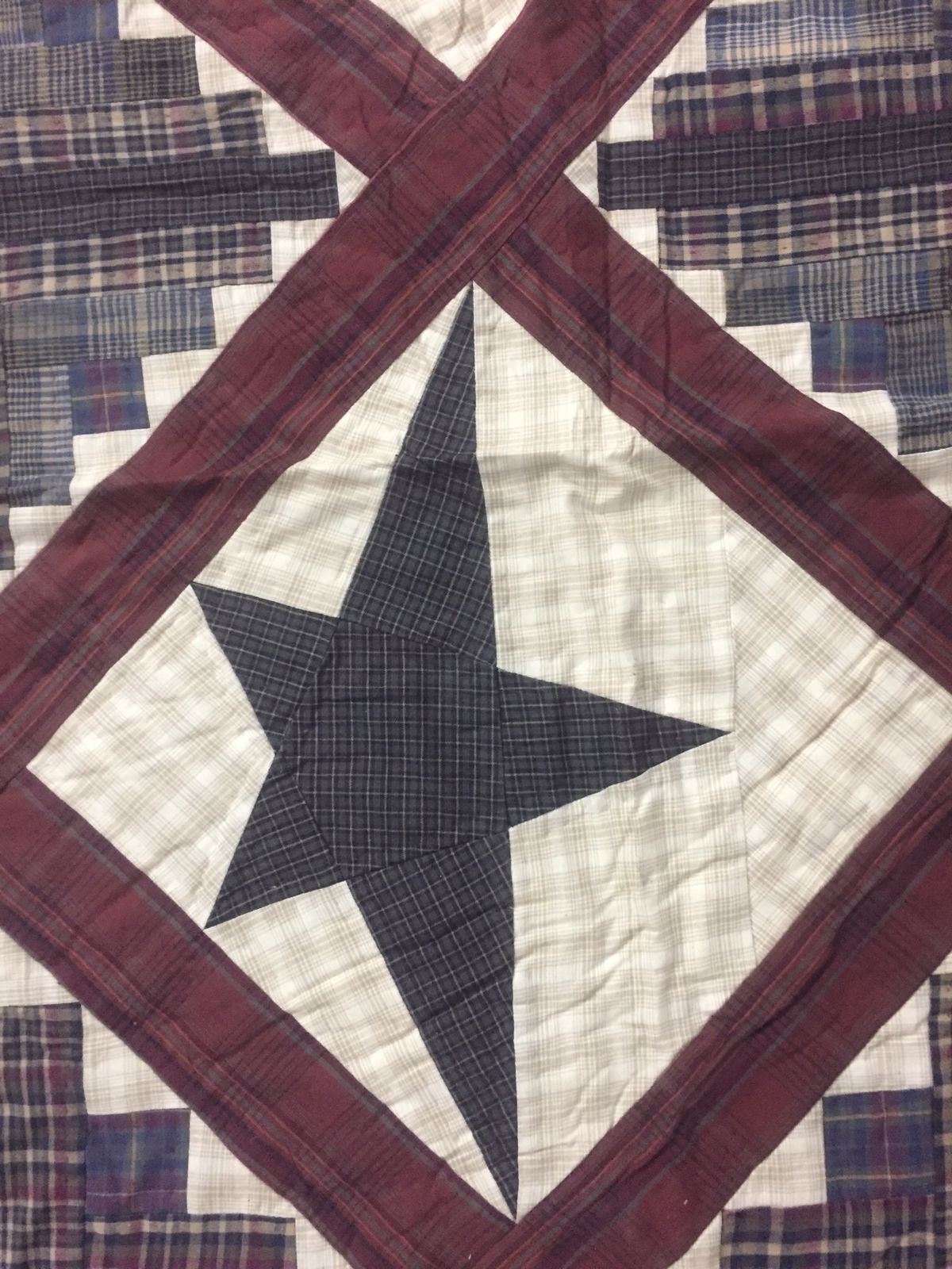 Hand made quilt Hand Quilted bedspread quilt large king 110"x110" cabin star country primitive plaid patchwork quilt by HOME HEART Brands