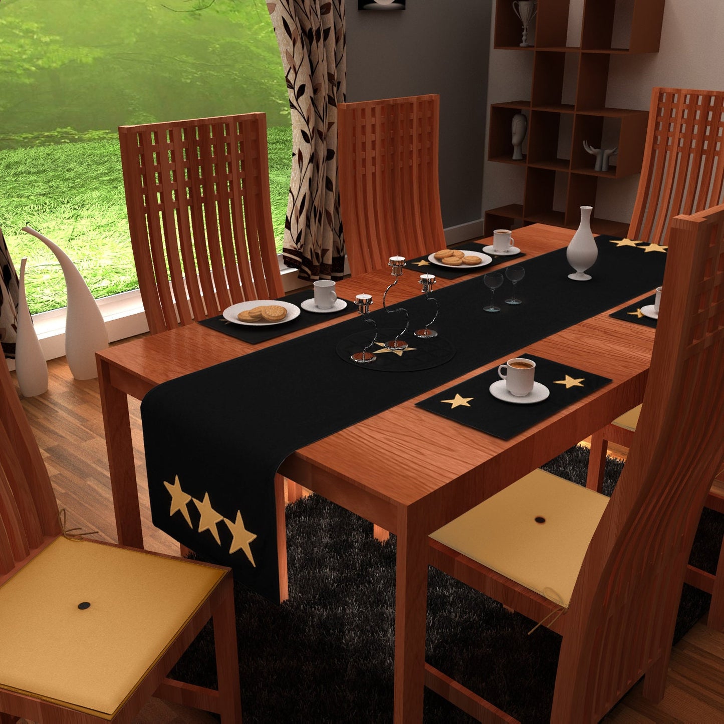 Cotton placemat & Toppers Premium tapestry cotton fabric black with beige star applique embroidered by Home Heart Brands(Made in India)