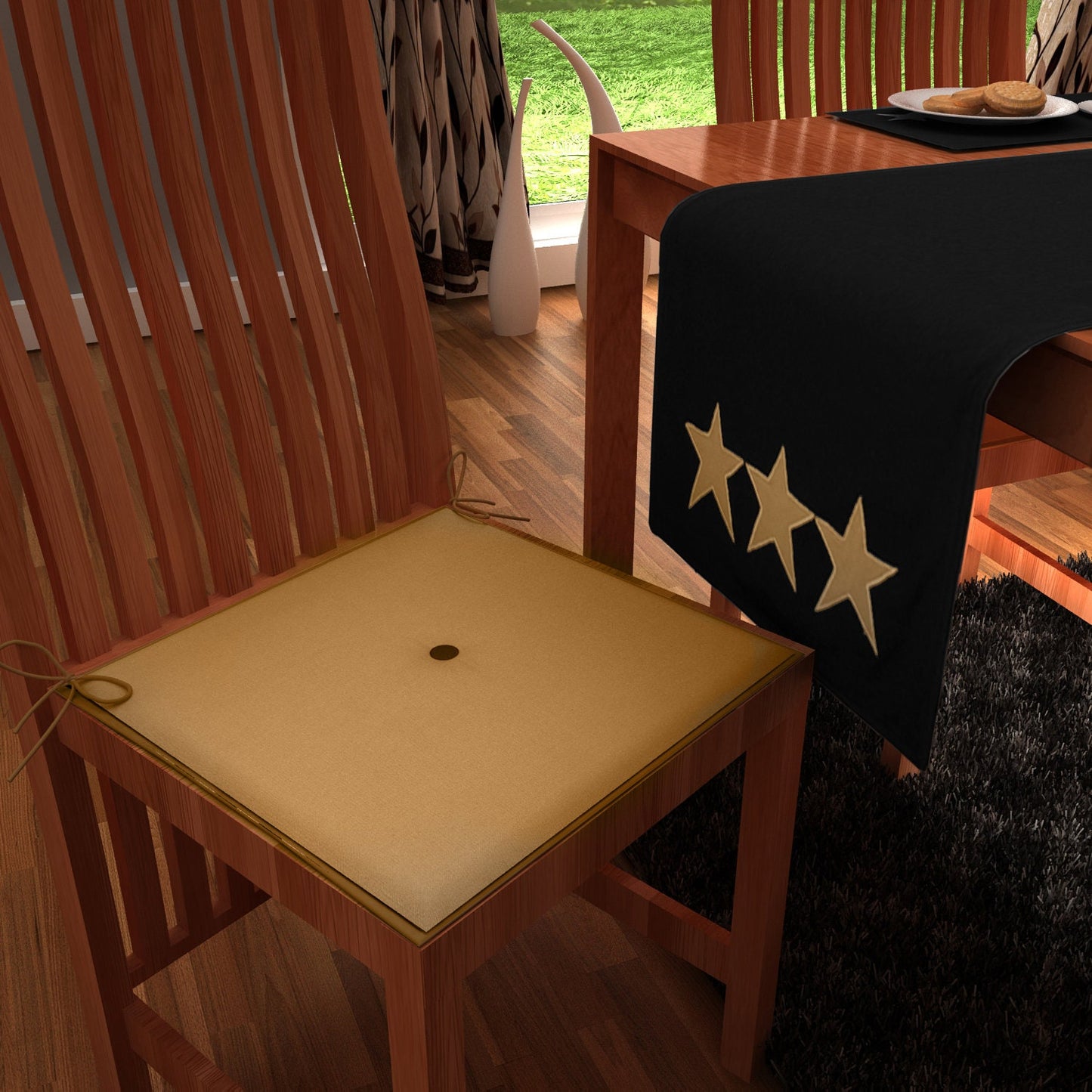 Cotton table runner & Toppers Premium tapestry cotton fabric black with beige star applique embroidered by Home Heart Brands(Made in India)