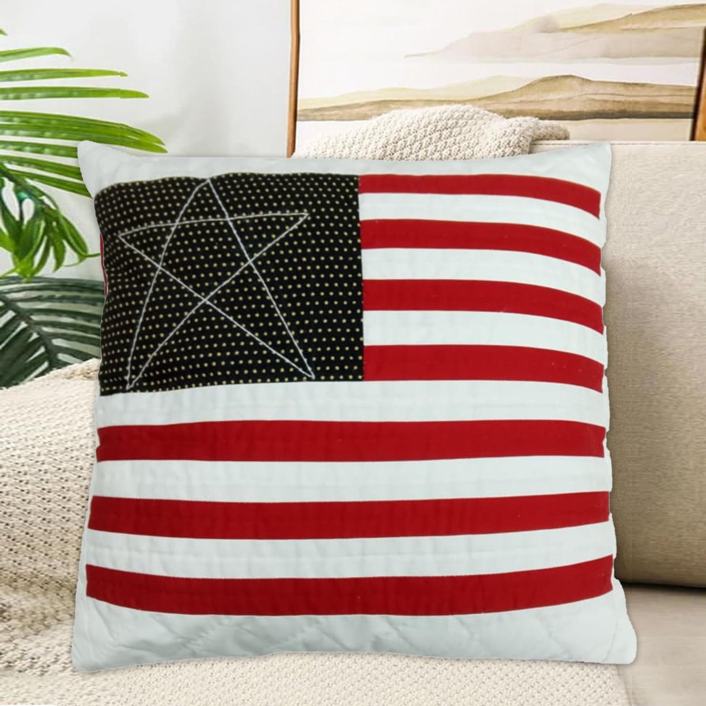 Hand made hand Quilted patchwork pillow cover, cushion cover, calico Country Star Flag pillow cover by HOME HEART Brands(made in India)