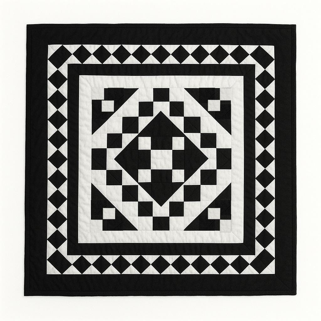 Hand made hand quilted quilt, table accent piece, Table topper Black Diamond square quilt 100% Cotton Heirloom Quality by HOME HEART Brands