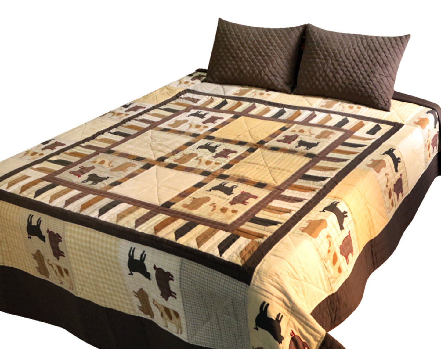 Hand Quilted bedspread quilts primitive farm animal patchwork & embroidered Design Mix Plaid Fabric by HOME HEART Brands (made in INDIA)