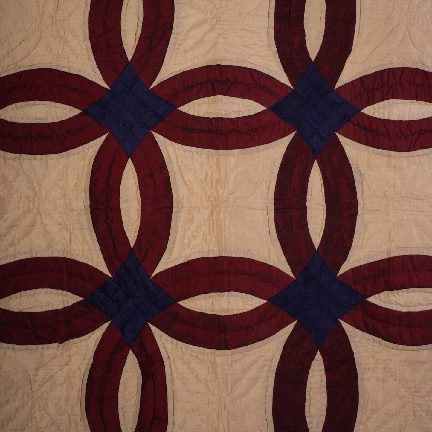 Hand made hand quilted unique Bangalore silk Double wedding ring 44"x44" patchwork Wall hanging & Toppers, baby quilt by HOME HEART Brands