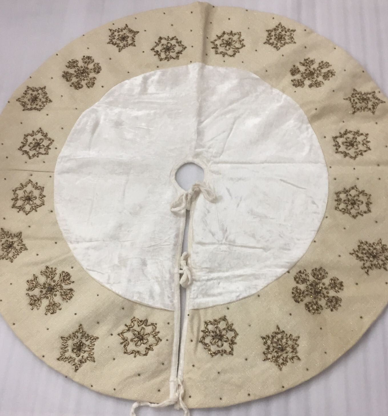 Christmas tree skirt hand embroidered Snow flakes classic ivory micro Velvet and lurex jute border Thick Double Layer by HOME HEART Brands