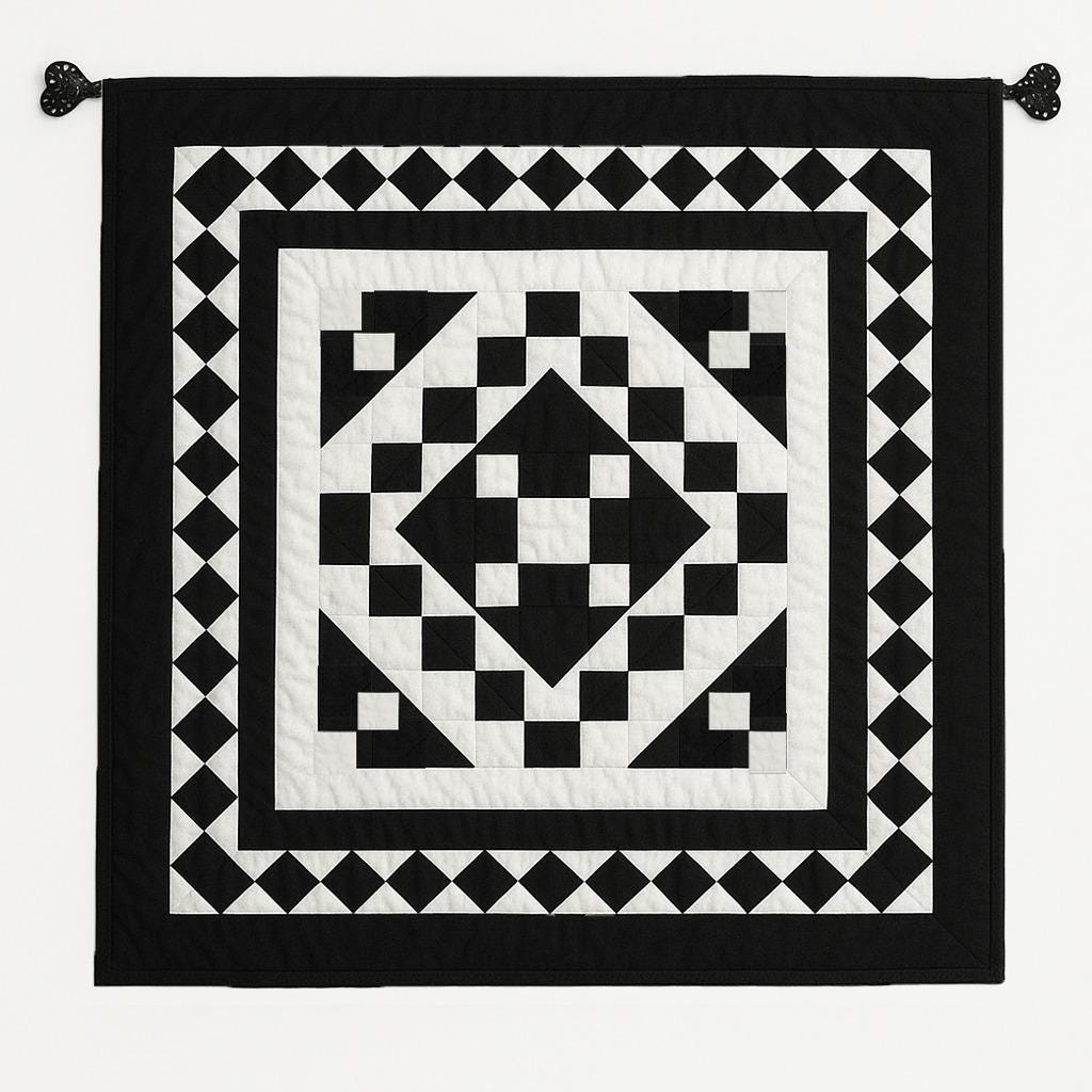 Hand made hand quilted quilt, table accent piece, Table topper Black Diamond square quilt 100% Cotton Heirloom Quality by HOME HEART Brands