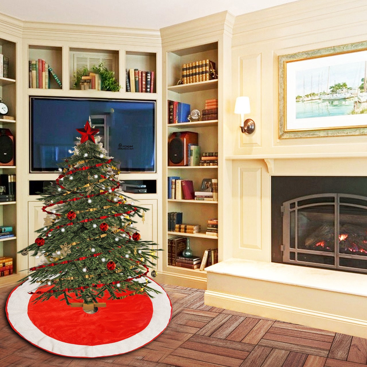 Christmas tree skirt red micro velvet with ivory lurex burlap Thick Double Layer Heirloom Quality by HOME HEART Brands(Made in India)