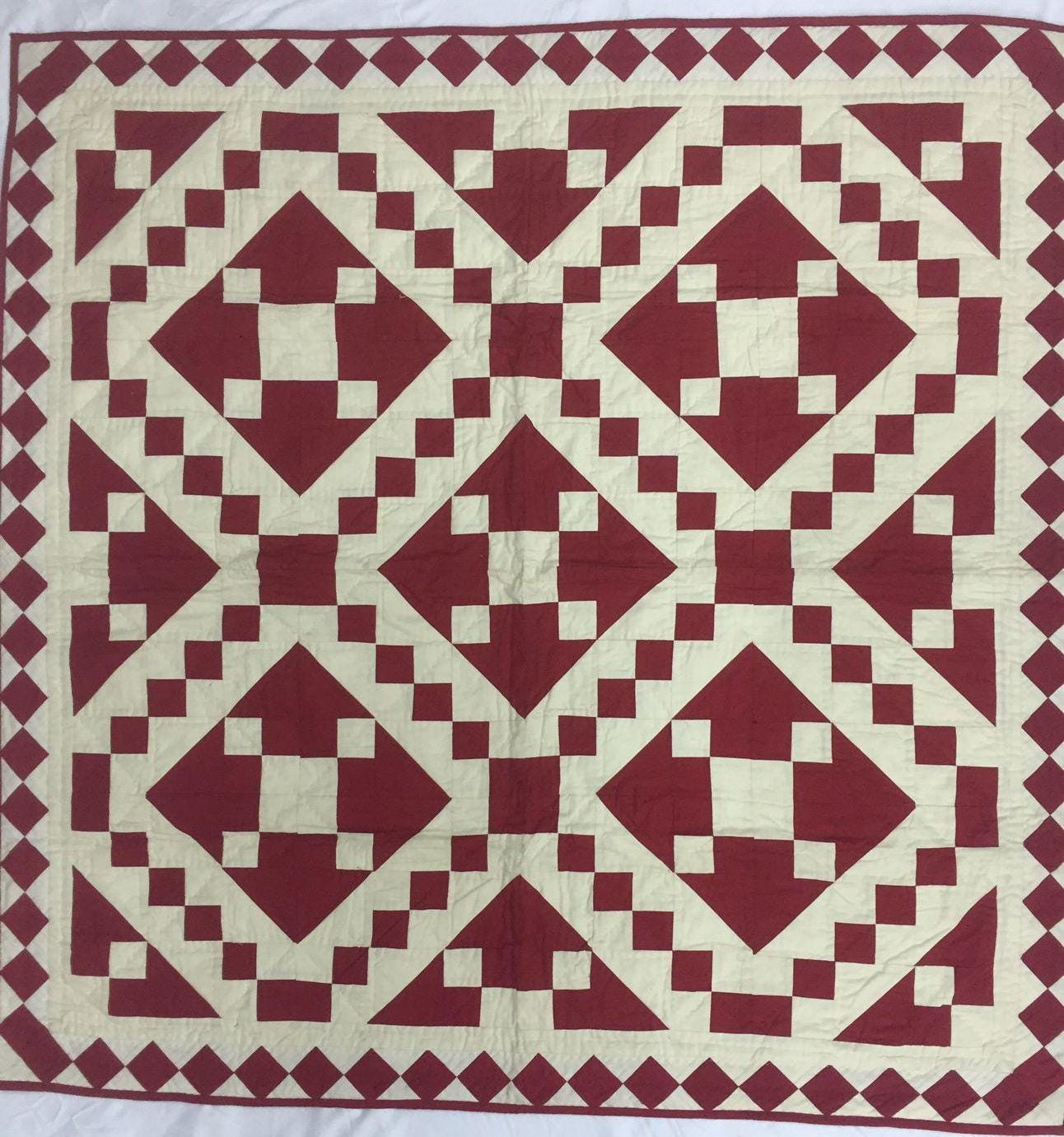Wall hanging Hand made hand quilted quilt, Throw, Table topper Red Diamond chain square 100% Cotton Heirloom Quality by HOME HEART Brands