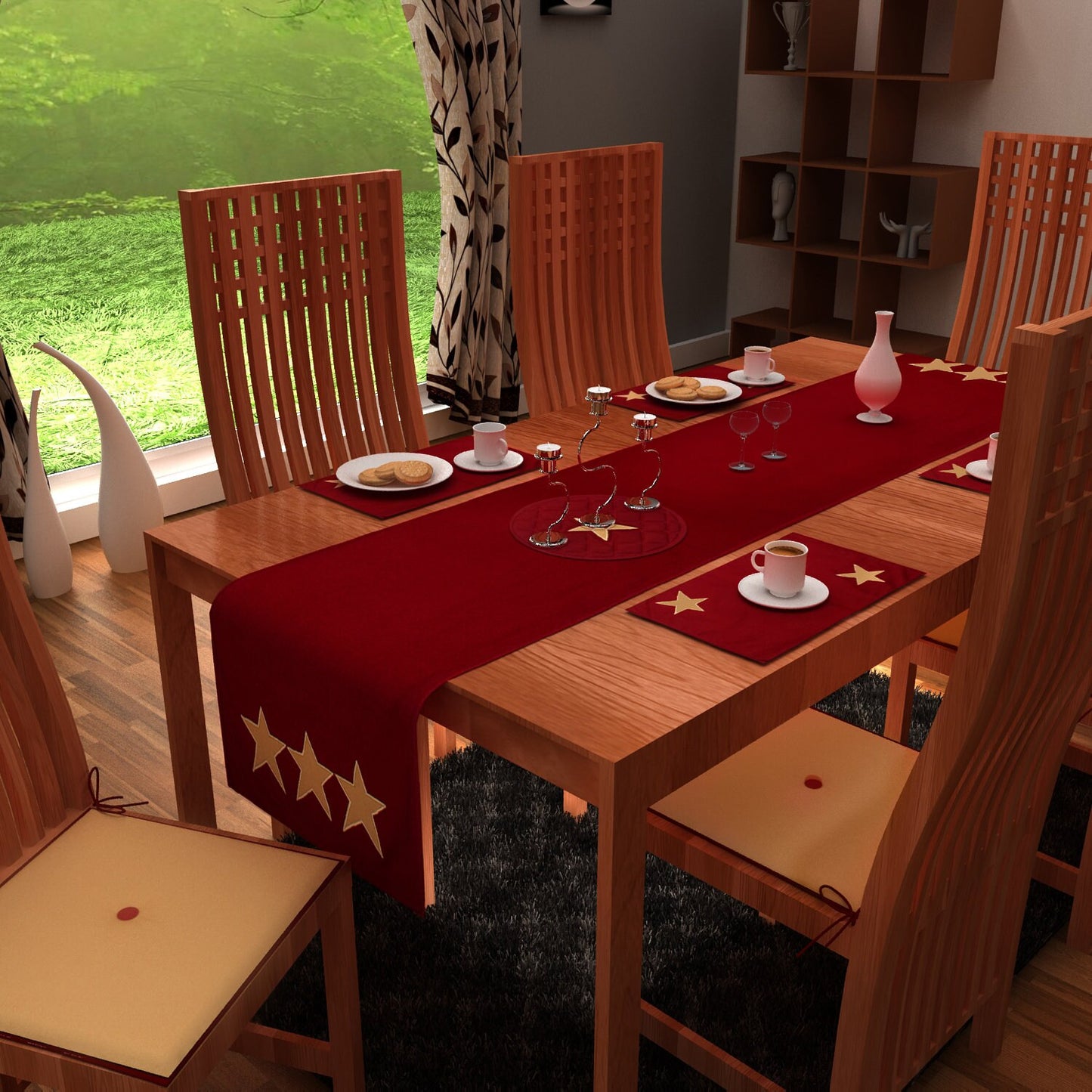 Cotton Table runner & Toppers Premium tapestry fabric dark red with beige star applique embroidered by Home Heart Brands(Made in India)