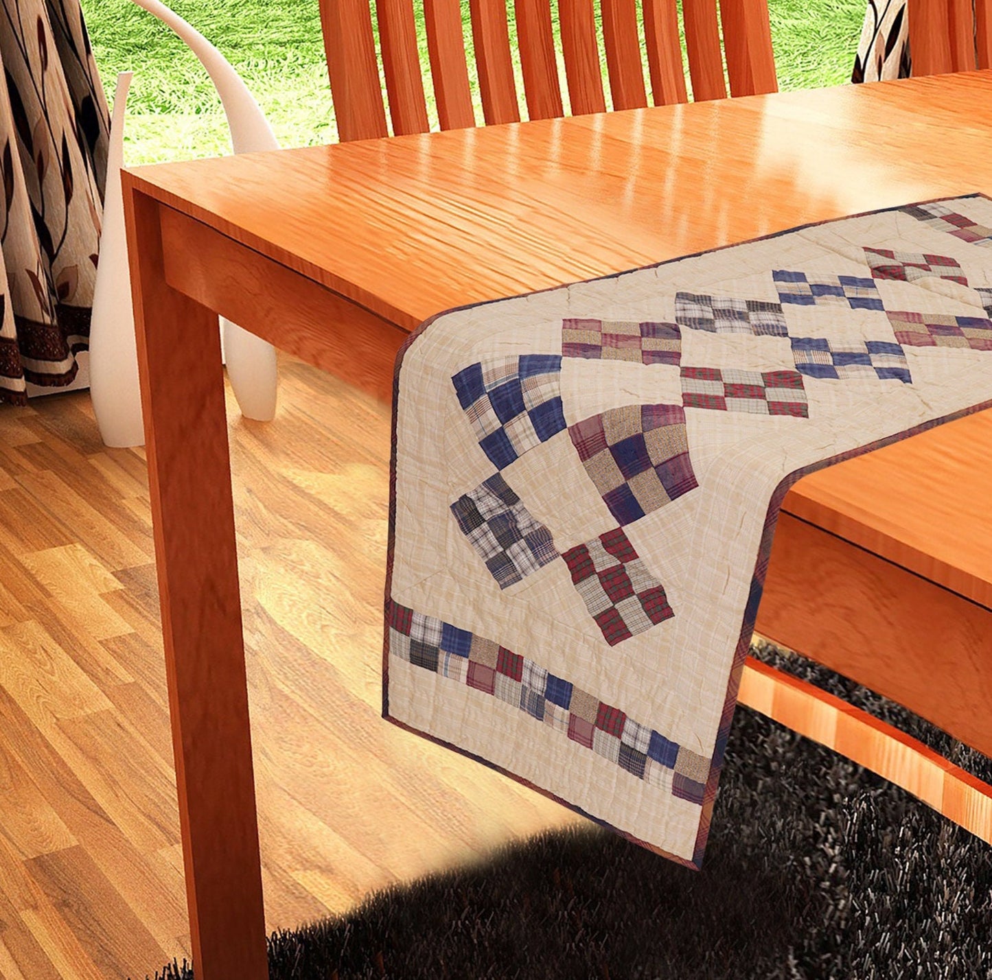 Hand Quilted patchwork 17"x50" Table Runner & Toppers Country Nine patch plaid cotton fabric by HOME HEART Brands(made in INDIA)