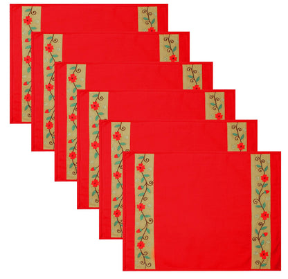 Placemat & Toppers Premium tapestry red duck cotton fabric floral embroidered on beige applique border by Home Heart Brands(Made in India)