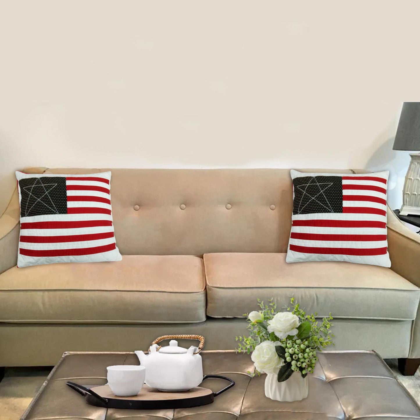 Hand made hand Quilted patchwork pillow cover, cushion cover, calico Country Star Flag pillow cover by HOME HEART Brands(made in India)