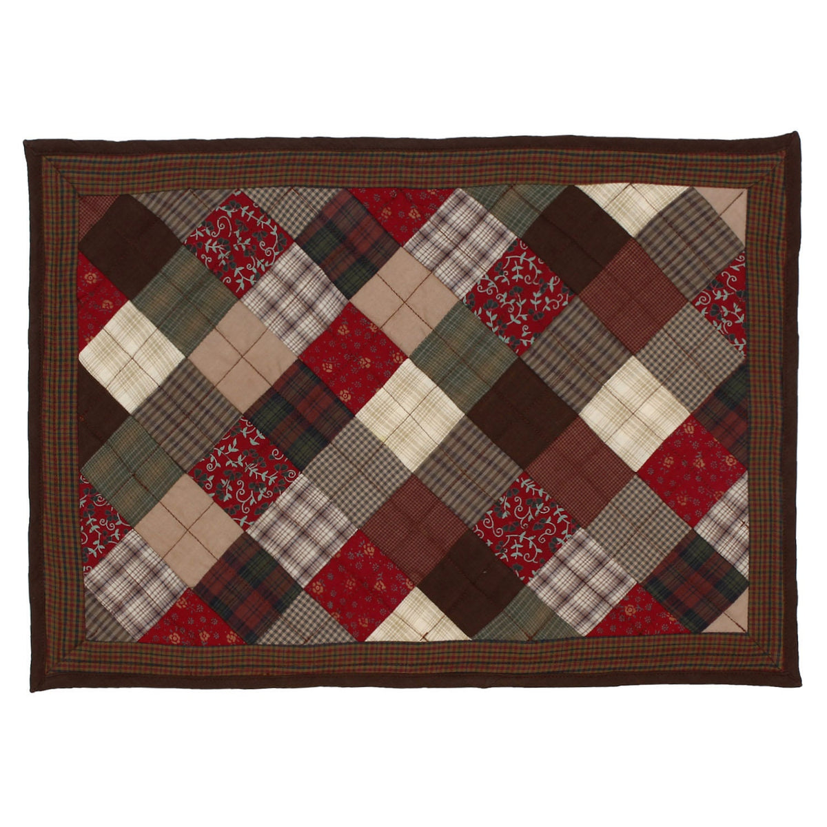 Quilted placemat & table mat patchwork red brown country plaid, calico print by HOME HEART Brands( made in INDIA)