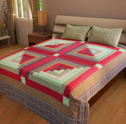 Hand Quilted bedspread quilts primitive log cabin patchwork Design Mix Plaid Fabric by HOME HEART Brands (made in INDIA)