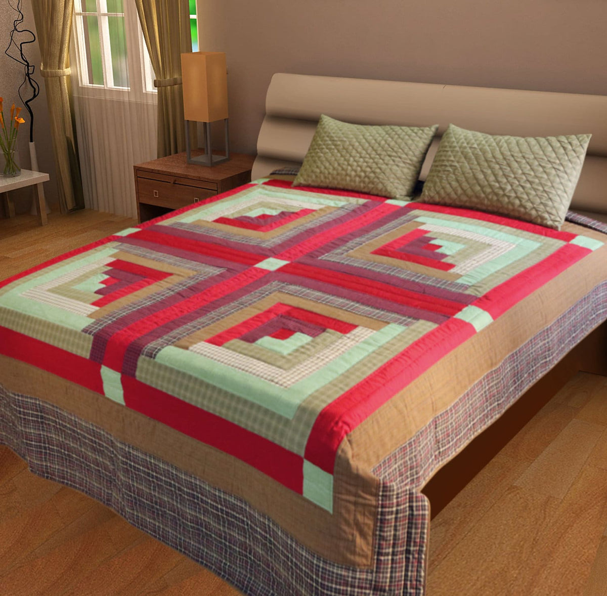 Hand Quilted bedspread quilts primitive log cabin patchwork Design Mix Plaid Fabric by HOME HEART Brands (made in INDIA)