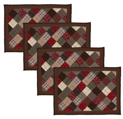 Quilted placemat & table mat patchwork red brown country  plaid, calico print by HOME HEART Brands( made in INDIA)