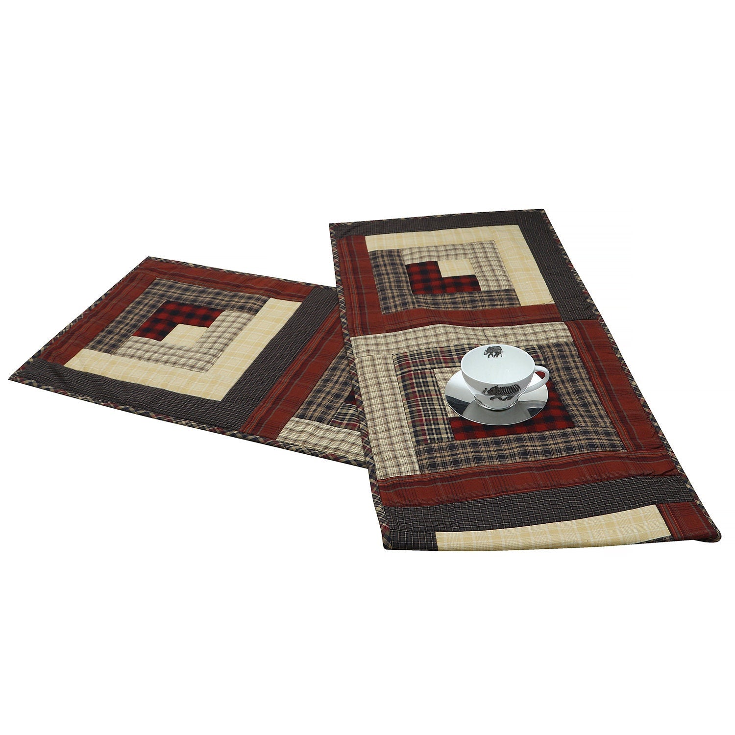 Quilted Table Runner & Toppers patchwork colonial country log cabin primitive plaid by HOME HEART Brands( made in INDIA)