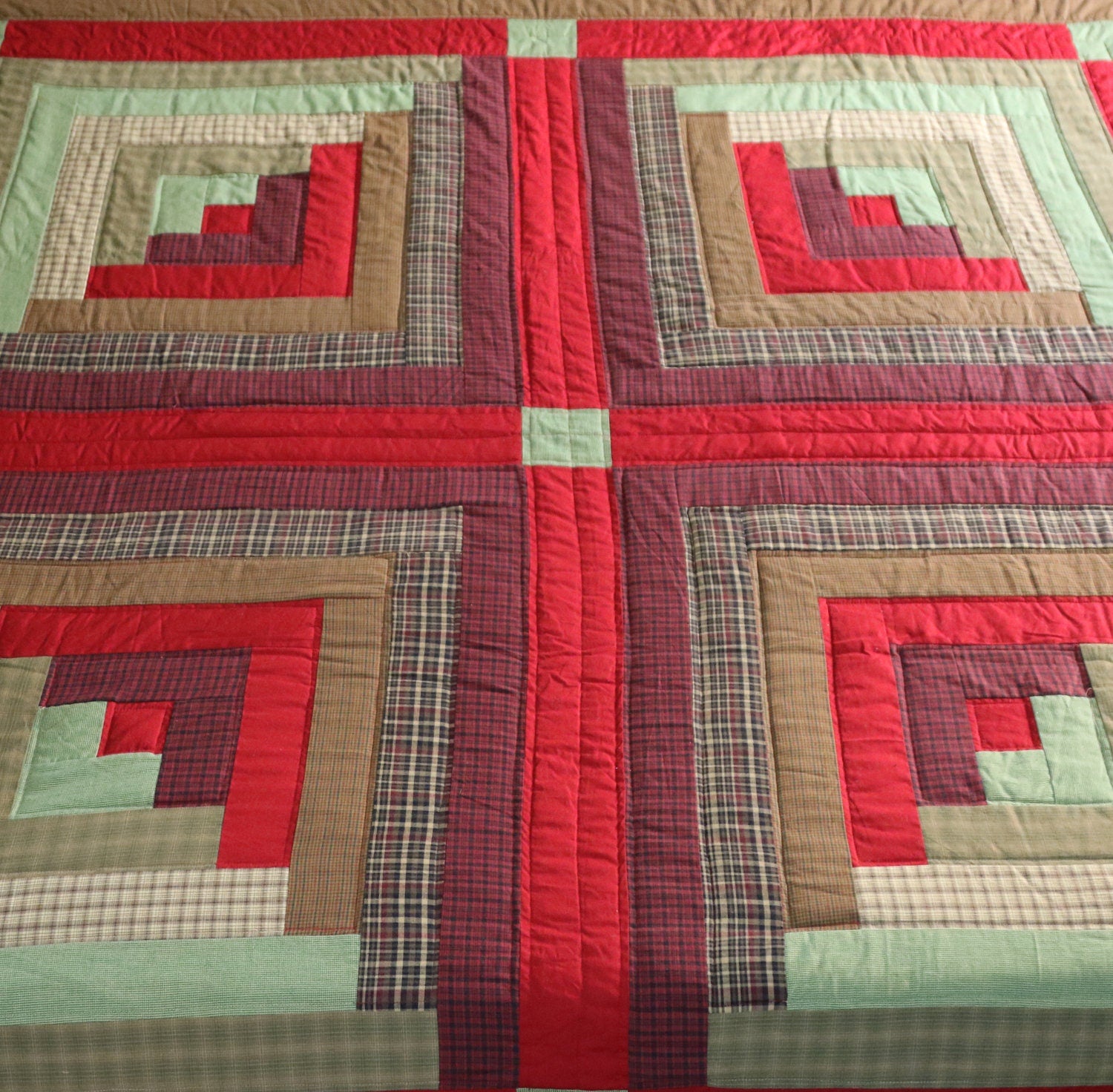 Hand Quilted bedspread quilts primitive log cabin patchwork Design Mix Plaid Fabric by HOME HEART Brands (made in INDIA)
