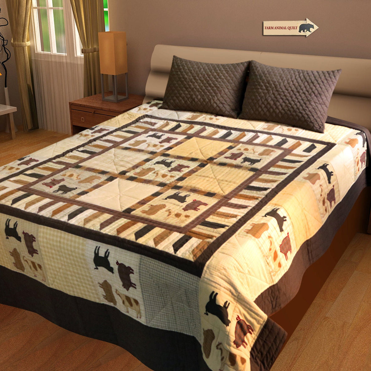Hand Quilted bedspread quilts primitive farm animal patchwork & embroidered Design Mix Plaid Fabric by HOME HEART Brands (made in INDIA)