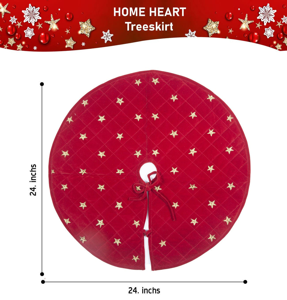 Christmas tree skirt micro red Velvet Quilted fabric and gold star embroidered on it. Thick Double Layer quilted by HOME HEART Brands