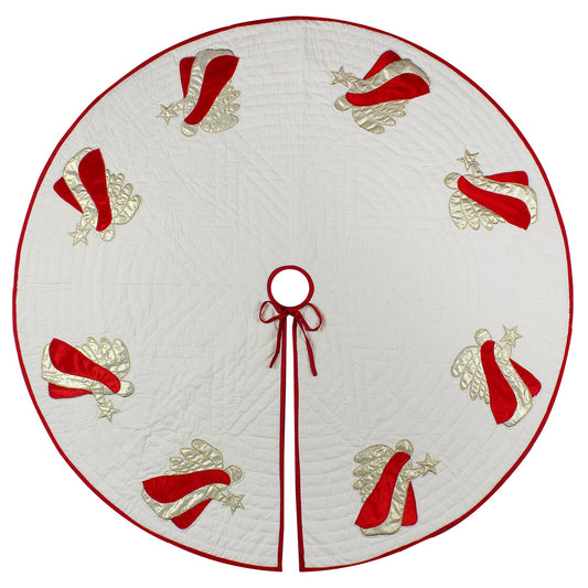 Christmas tree skirt quilted ivory cotton fabric & gold red Angel Applique style by HOME HEART Brands