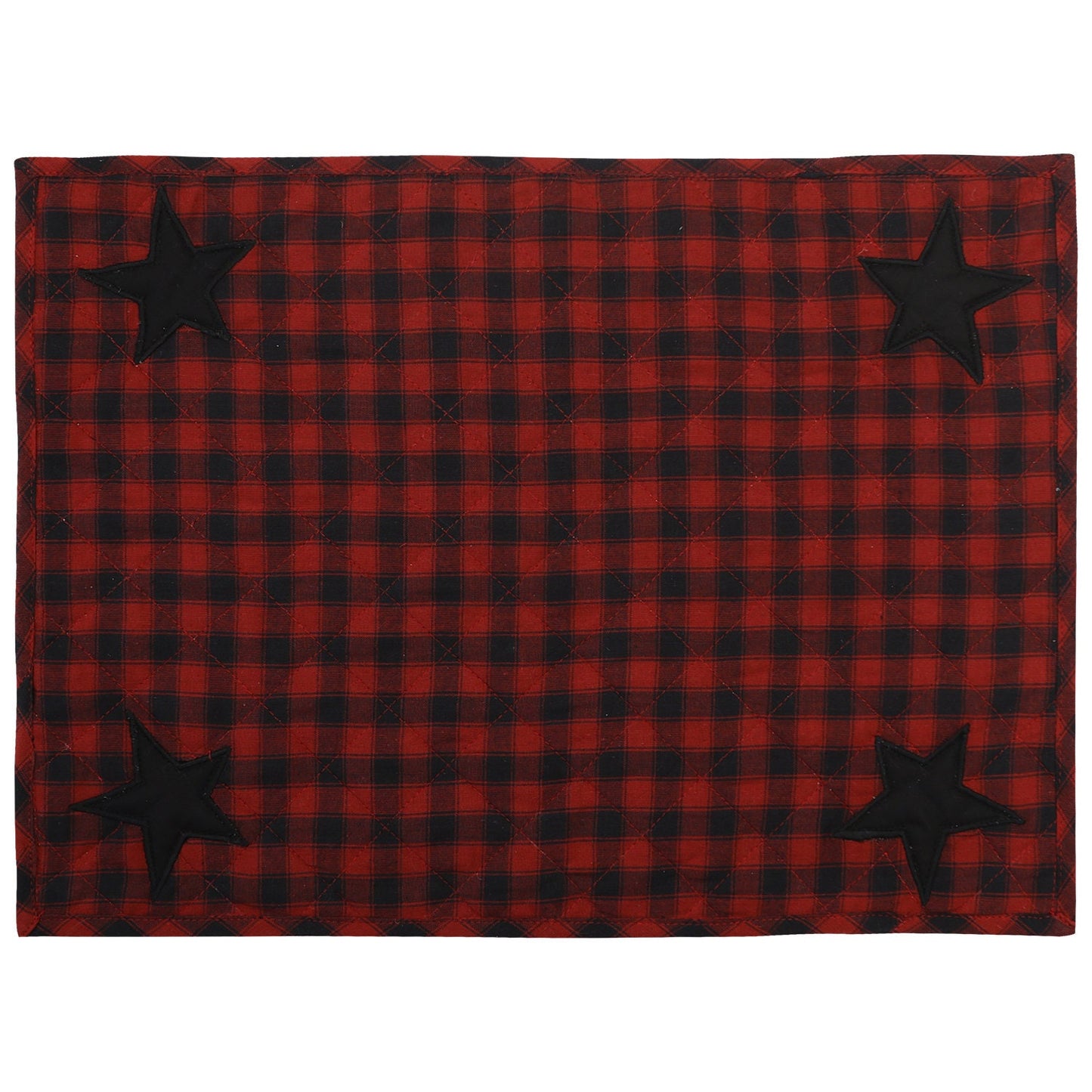 Quilted place mat with black star embroidered on Black/Red Country Plaid 14"X19" by HOME HEART Brands/Tablemat