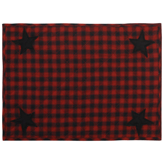Quilted place mat with black star embroidered on Black/Red Country Plaid 14"X19" by HOME HEART Brands/Tablemat