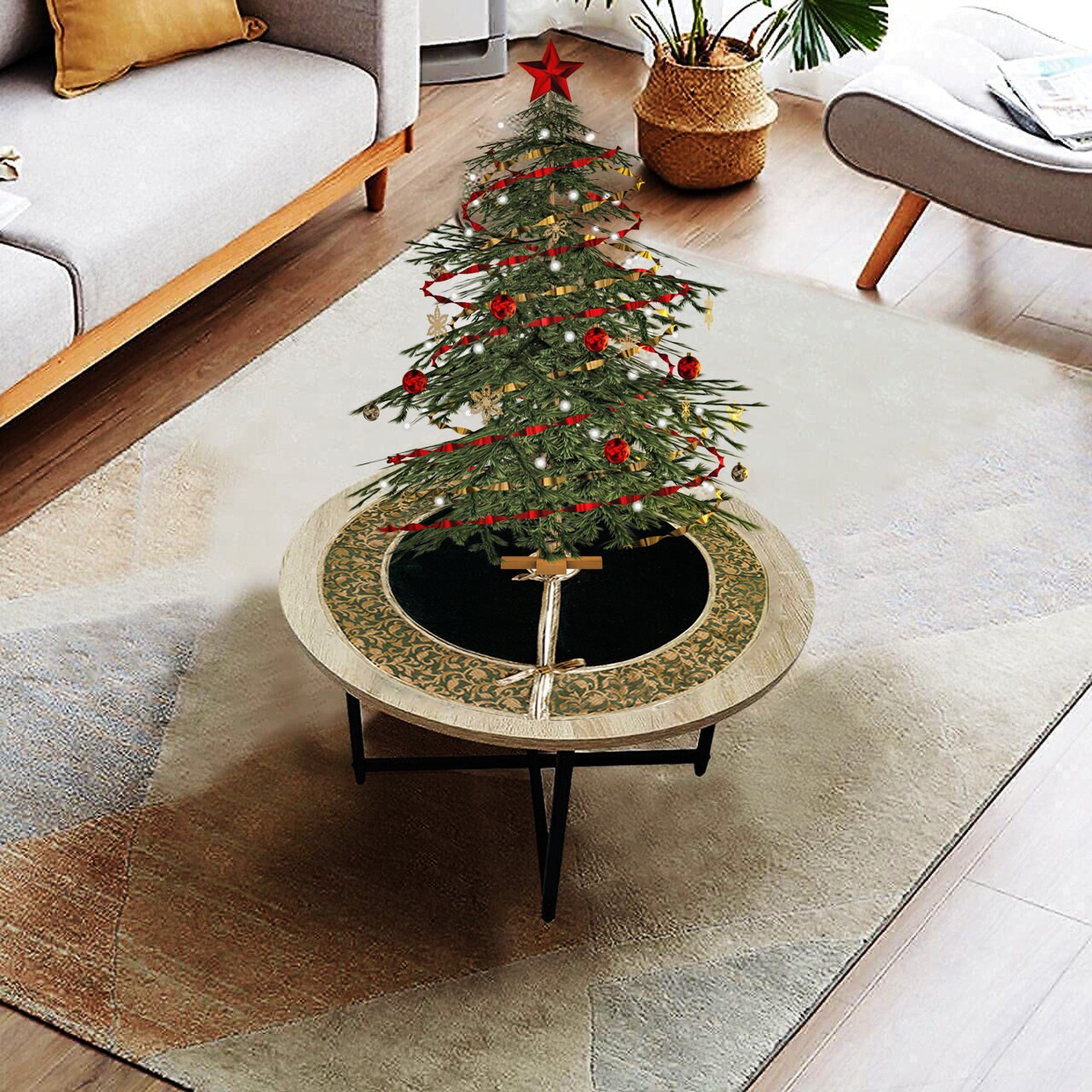 Christmas tree skirt classic micro green Velvet fabric with Brocade Fabric Border Thick Double Layer by HOME HEART Brands