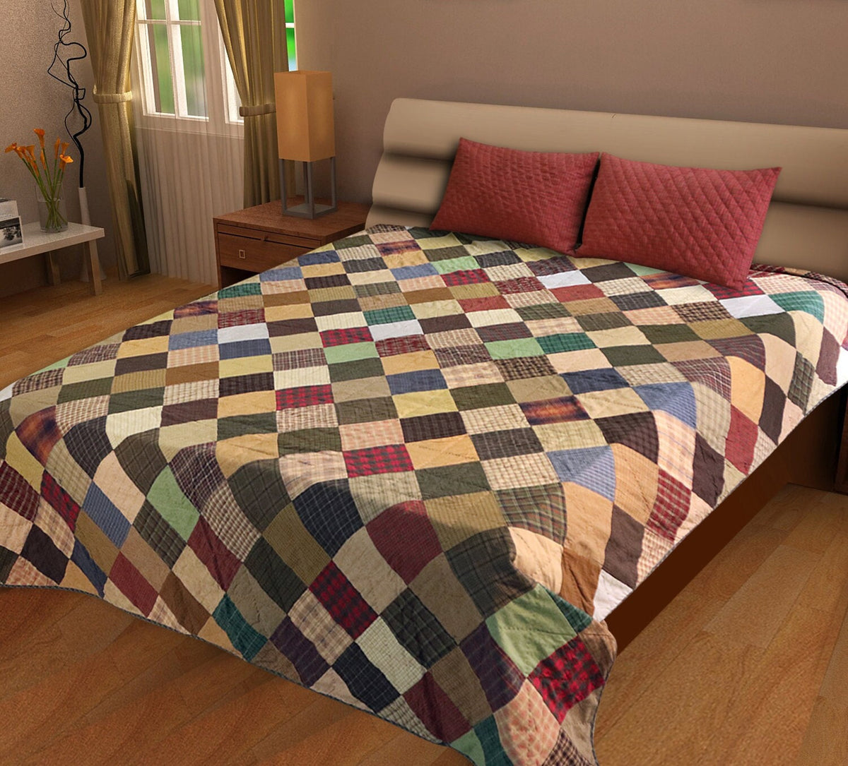 Make to order Hand Quilted bedspread Quilt Quilted Square Primitive Country Patchwork Design Mix Plaid Fabric by HOME HEART Brands