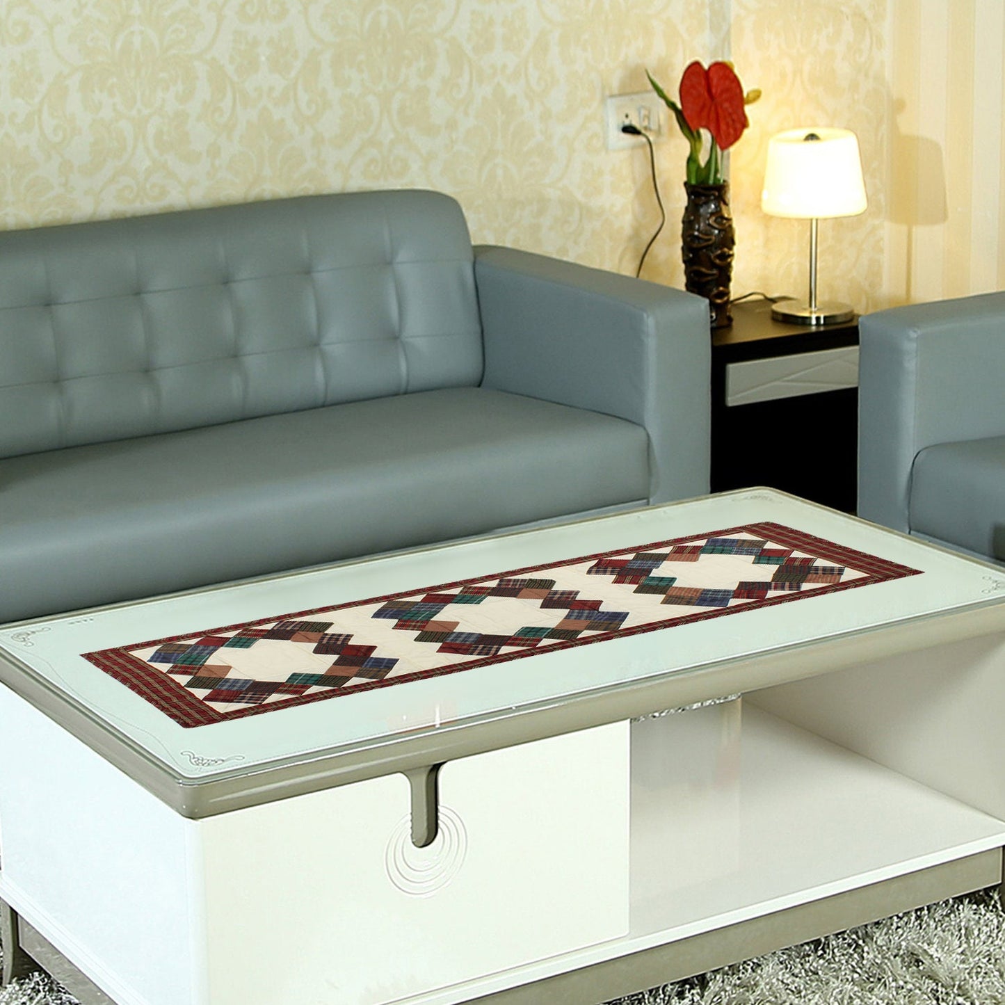 Quilted Table Runner & Toppers patchwork Boston common country fashion mix plaid and off white by HOME HEART Brands(Made in India)