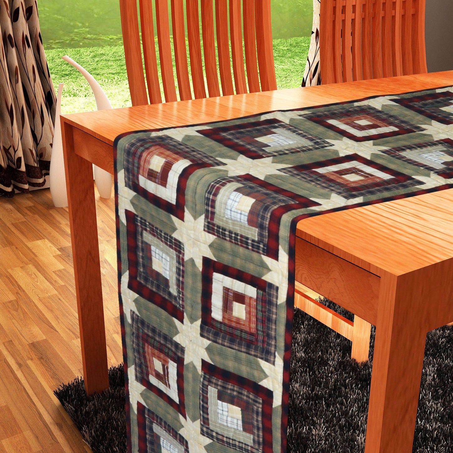 Quilted Table Runner wall hanging & Table Toppers patchwork Country cabin green gold plaid by HOME HEART Brands(made in INDIA)