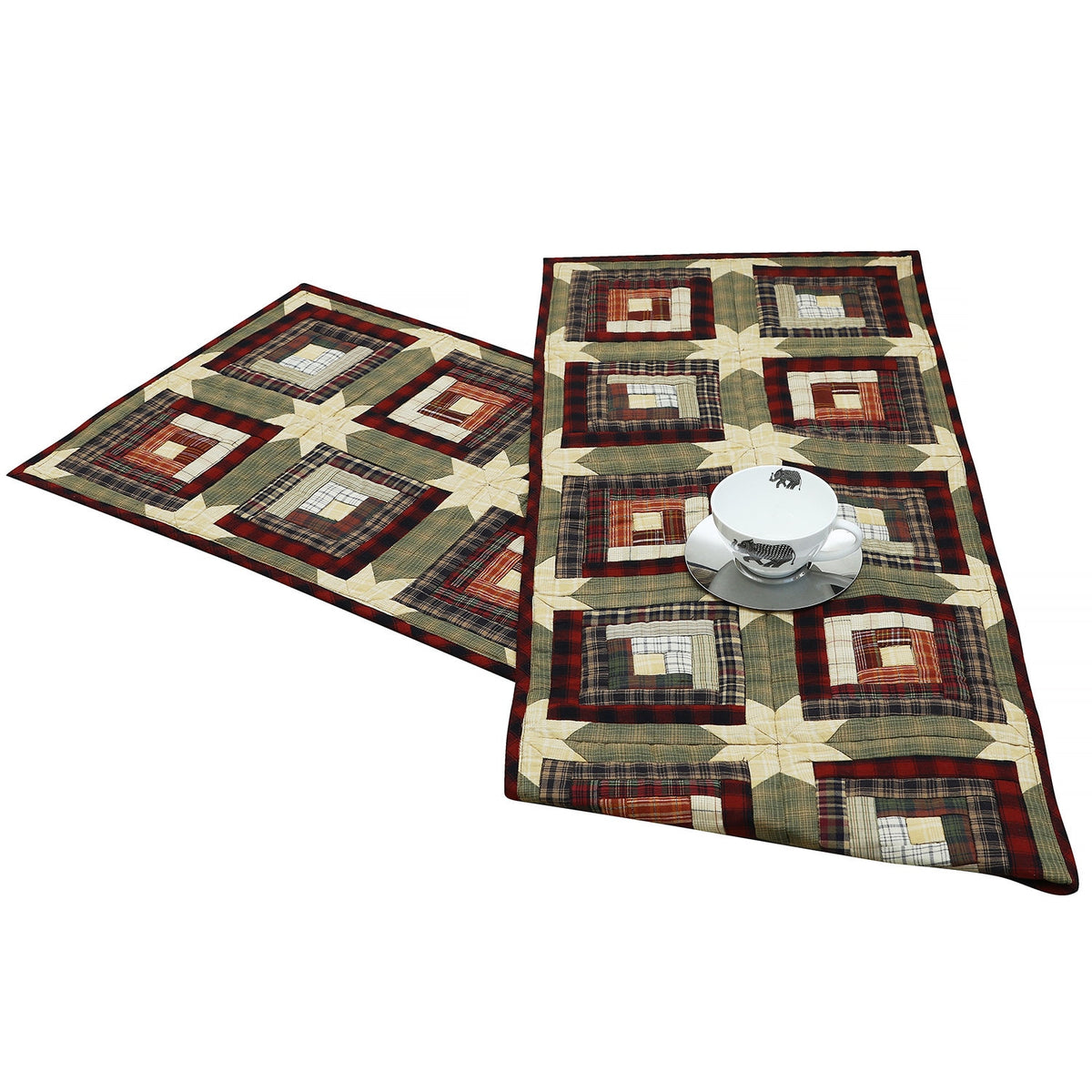 Quilted Table Runner wall hanging & Table Toppers patchwork Country cabin green gold plaid by HOME HEART Brands(made in INDIA)