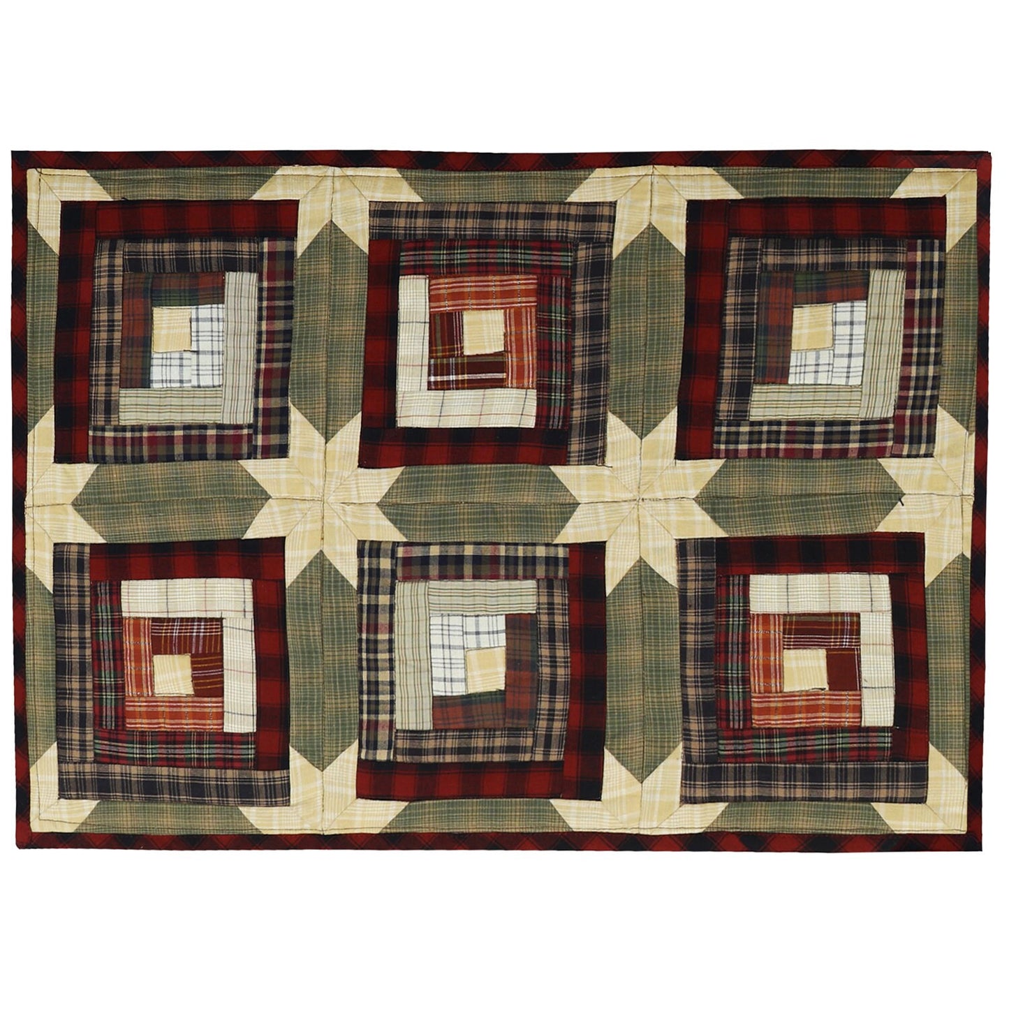 Quilted Table Runner wall hanging & Table Toppers patchwork Country cabin green gold plaid by HOME HEART Brands(made in INDIA)
