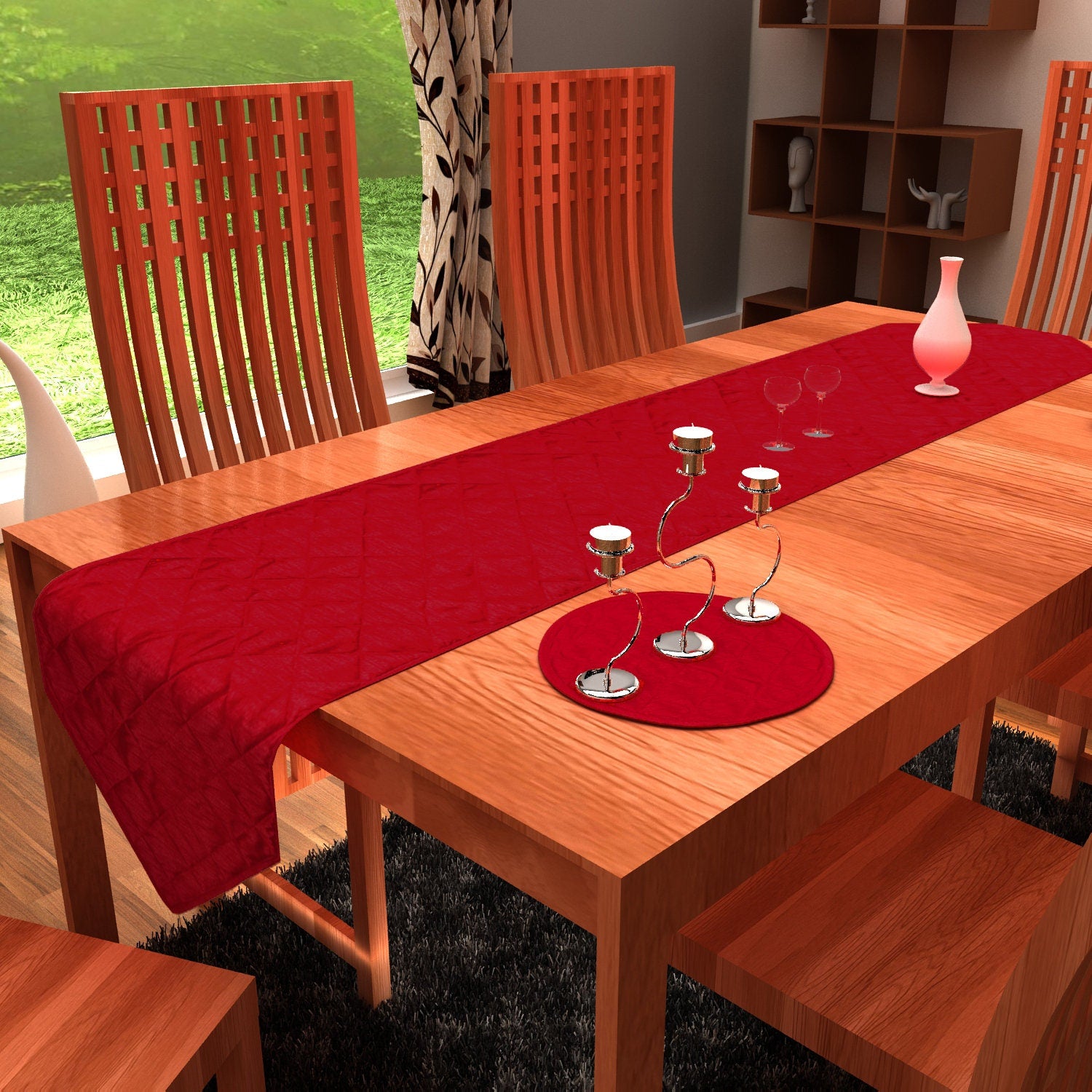 Quilted Table Runner & Toppers red Dupioni Silk by Home Heart Brands (made in India)