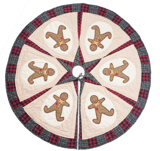 Christmas tree skirt quilted patchwork embroidered Ginger bread plaid thick Double Layer Heirloom by HOME HEART Brands(Made in India)